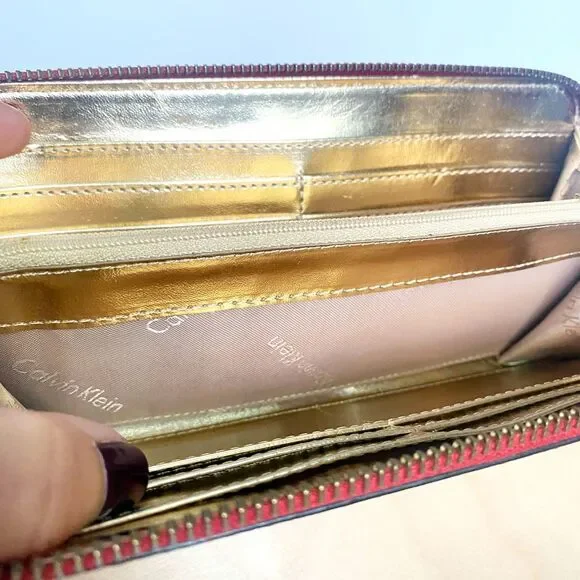 Calvin Klein Red Saffiano Leather Zip Around Long Wallet w/ Gold Interior - Picture 5 of 11